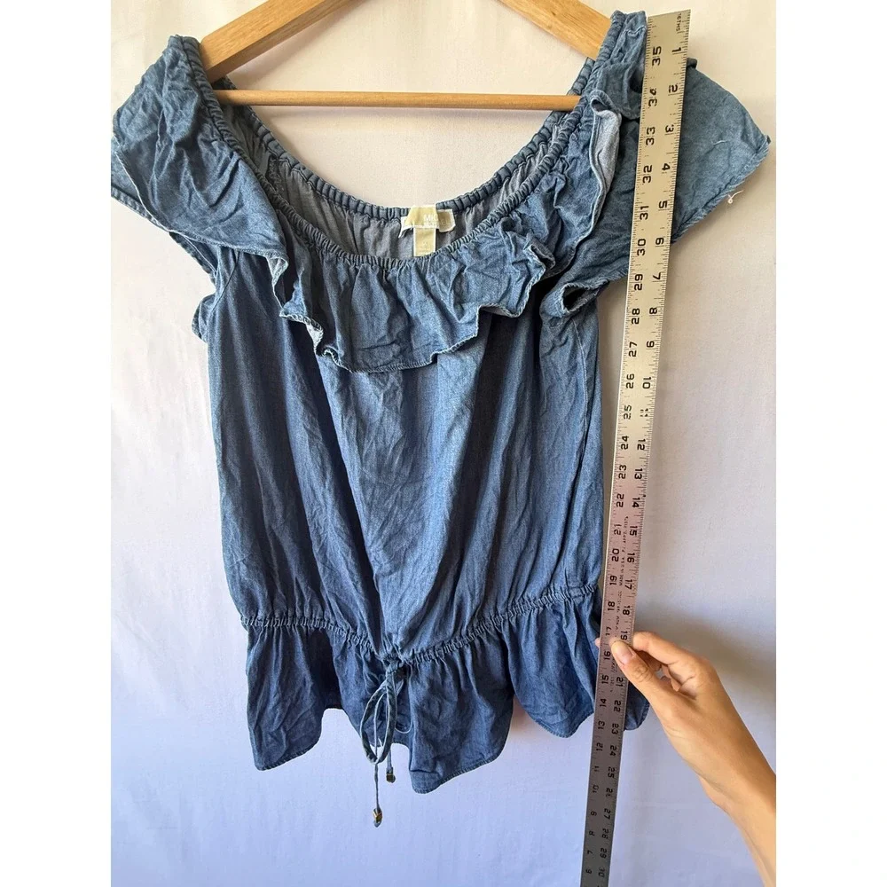 Michael Kors Blue Chambray Ruffle Peplum Top Cotton Lyocell Blend Medium